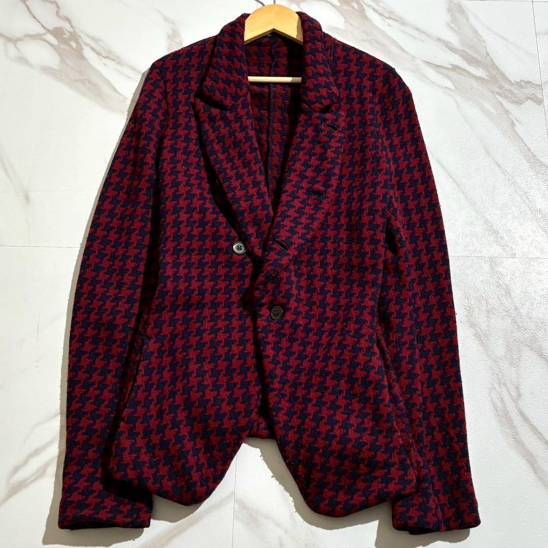 ジャケット・アウター Y's cashmere Knit Jacket Houndtooth red Mens SilverSilk Red Black Houndstooth Knit Jacket w/ Elbow Patch
