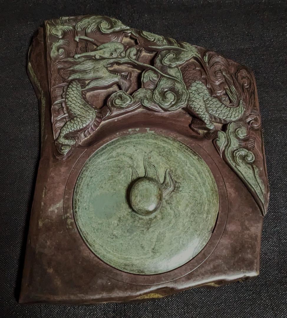 雲龍文特大古硯 橋頭石】◇美しい翠雲石◇同石蓋付型◇貴重な北方名石
