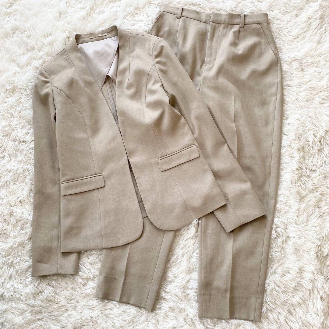 【美品】スーツセレクト 自宅で洗える セットアップ ノーカラー パンツ ベージュ SUIT SELECT セットアップ 「おうちで洗えるストレッチスーツ」「すぐ