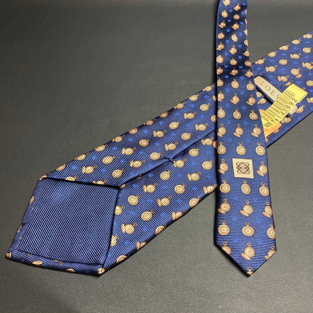 美品】LOEWE ロエベ ネクタイ ネイビー ブラウン ブルー 懐中時計柄