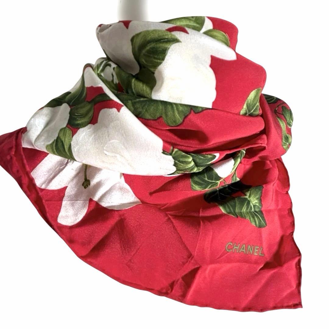 極美品】シャネル 大判 スカーフ フラワー カメリア シルク100% レッド