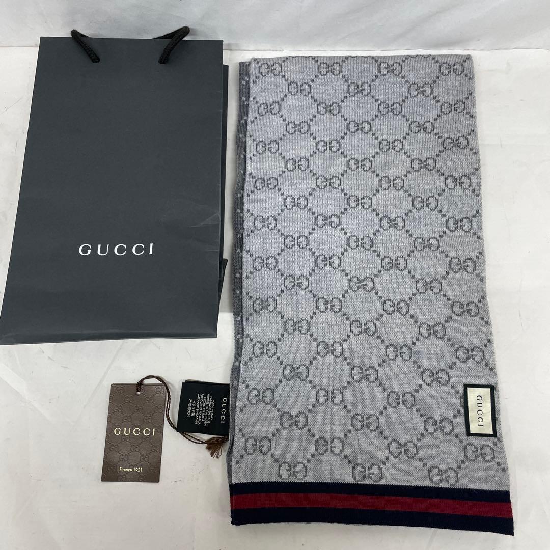 新品未使用　GUCCI GG ウール　マフラー リバーシブル　ユニセックス 中古・古着通販】GUCCI (グッチ) リバーシブルGGウールマフラー グレー