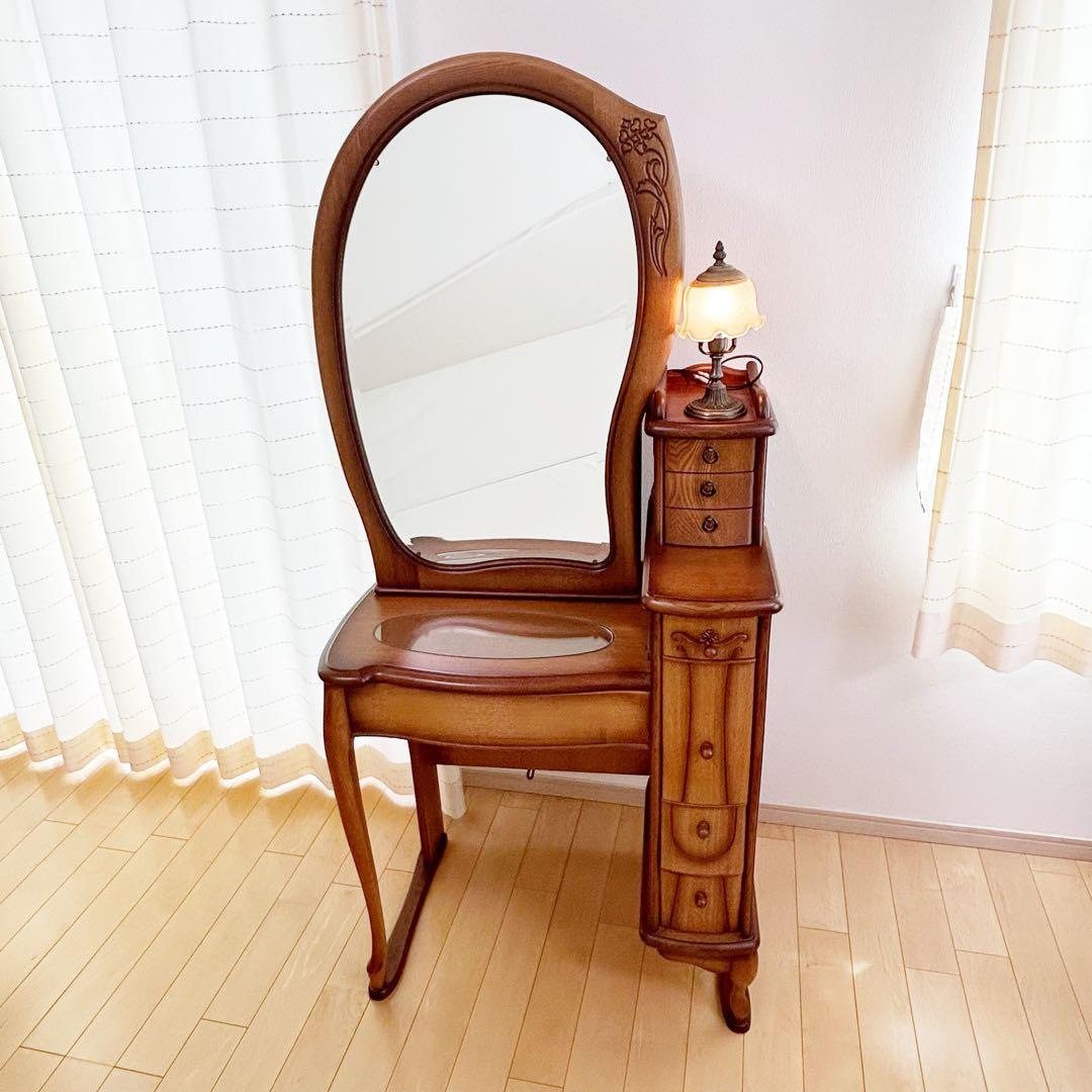 猫脚ドレッサー 高級 アンティーク レトロランプ付 開き鏡