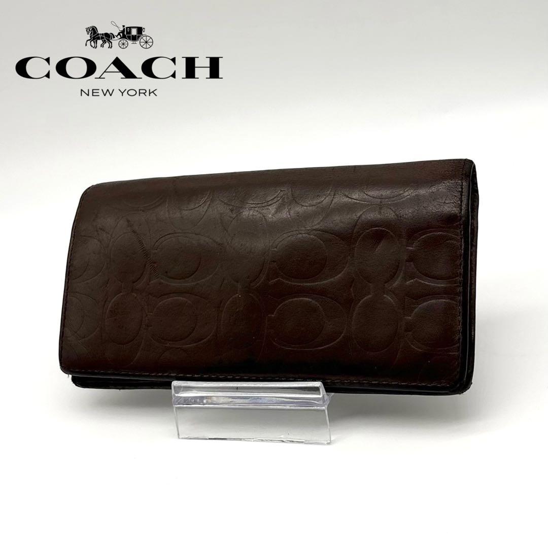 美品】COACH レザー 長財布 シグネチャー 総柄 エンボス ロゴ ブラウン