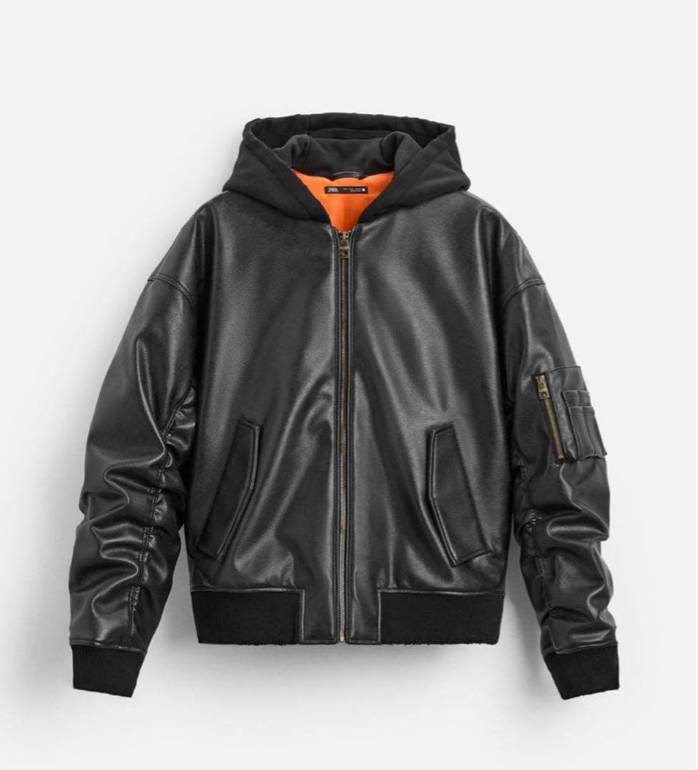 ZARA コントラストフード付きフェイクレザージャケット Mサイズ - メルカリ