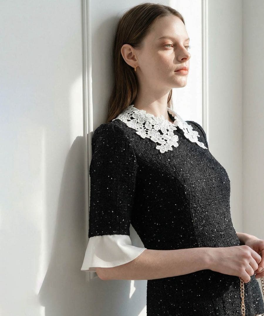 美品】LAJA 花柄レースカラースパンコールAラインワンピースドレス