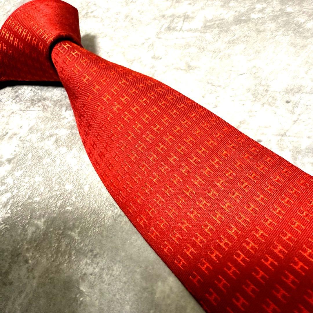 HERMES エルメス ネクタイ レッド ファソネ H柄 定番 王道 希少 光沢