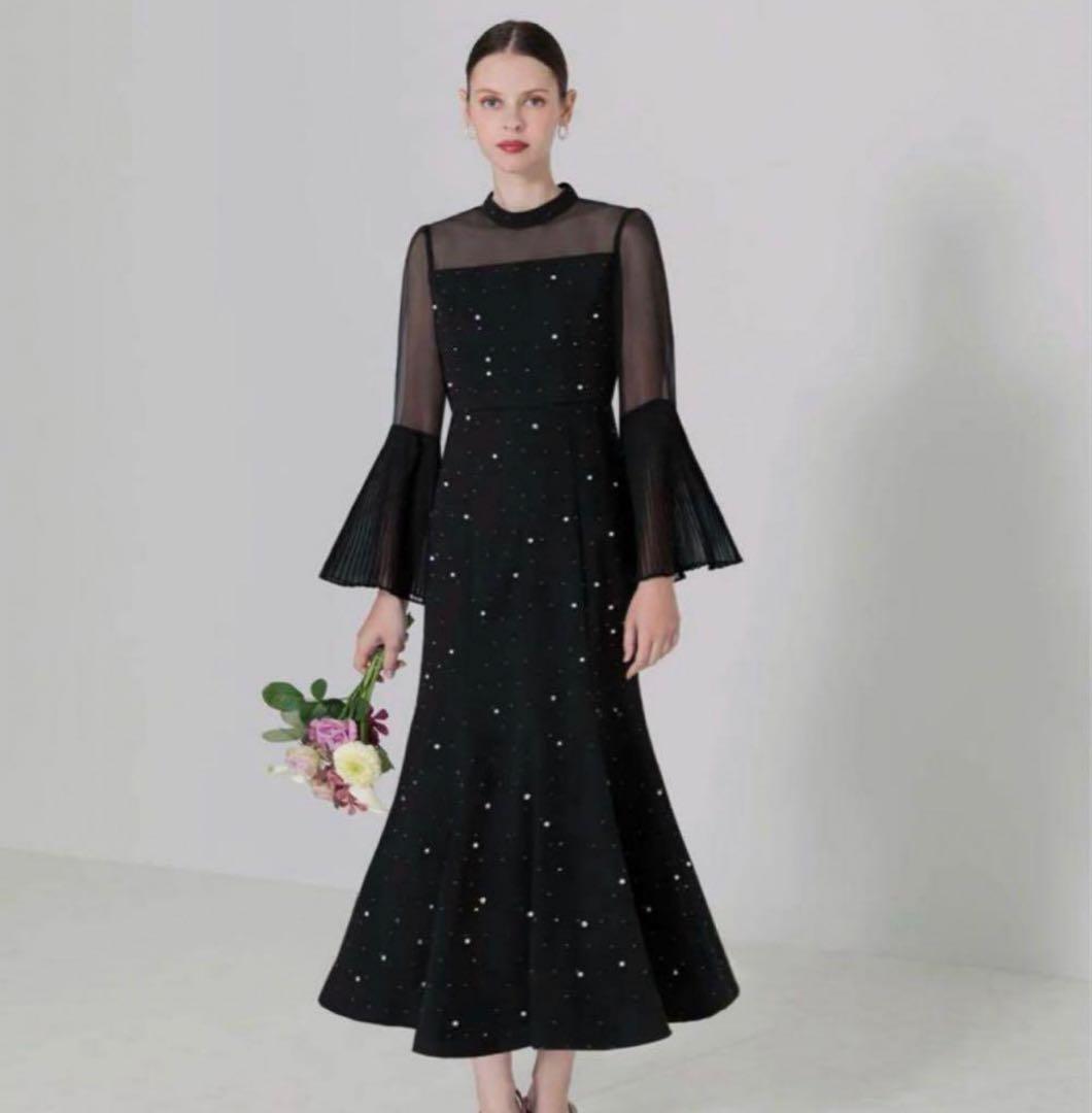 leja黒 フレアスリーブ ビーズ装飾 ドレスSサイズ レジャ Leja パールビジュー付き透け感プリーツフレアスリーブビーズ