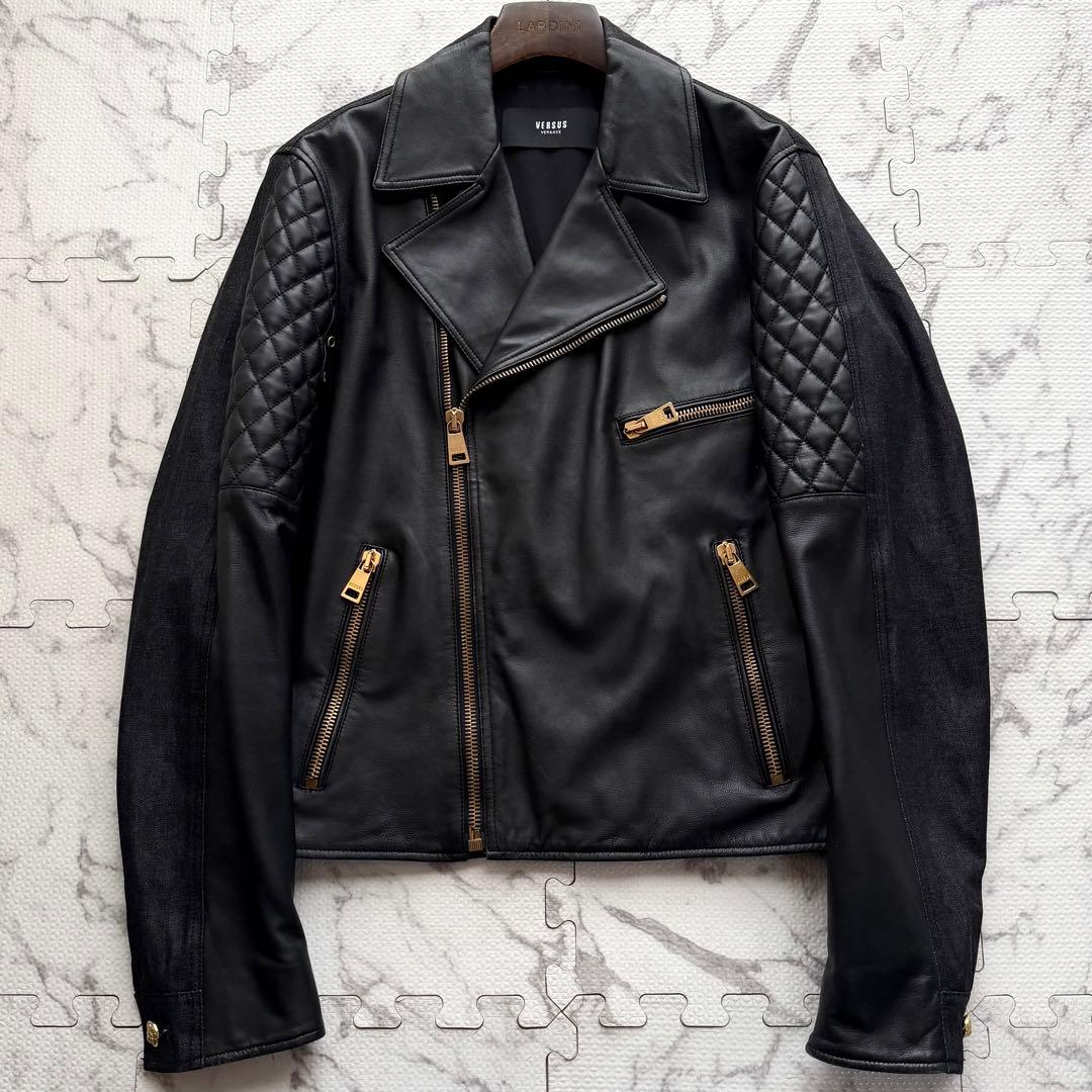 極美品✨ヴェルサーチ ダブルライダースジャケット ラムレザー デニム切替 46 □New arrival Ground Y 24-25 Autumn/Winter Collection 梅澤美波さん