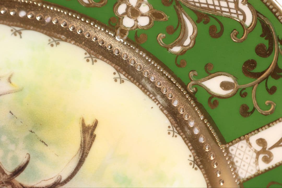 CM298】オールドノリタケ 鹿 皿 プレート 金彩 盛上 緑 グリーン 明治