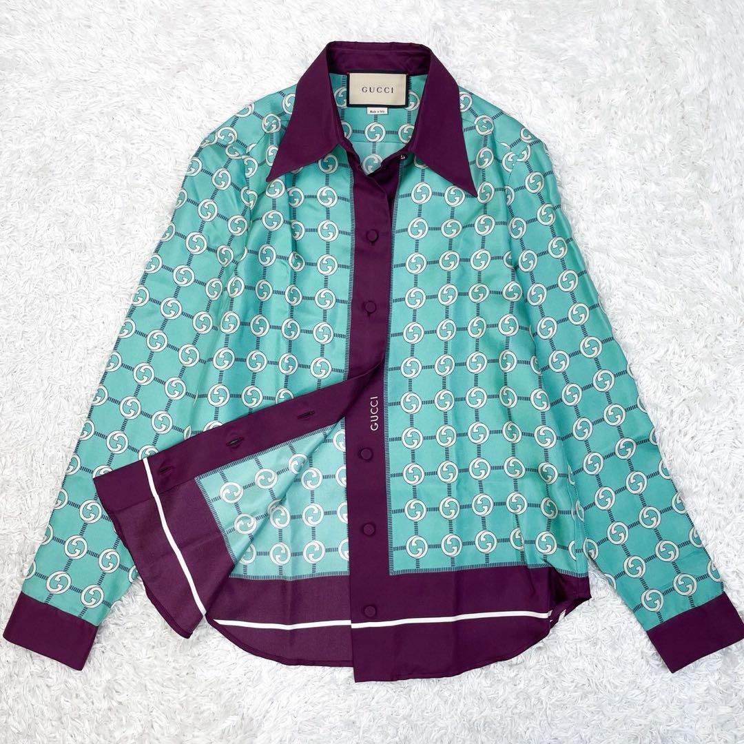 GUCCI インターロッキング シルク シャツブラウス トップス 36 ブルー GUCCI（グッチ） シャツ ブラウス 長袖 インターロッキングGGロゴ 絹