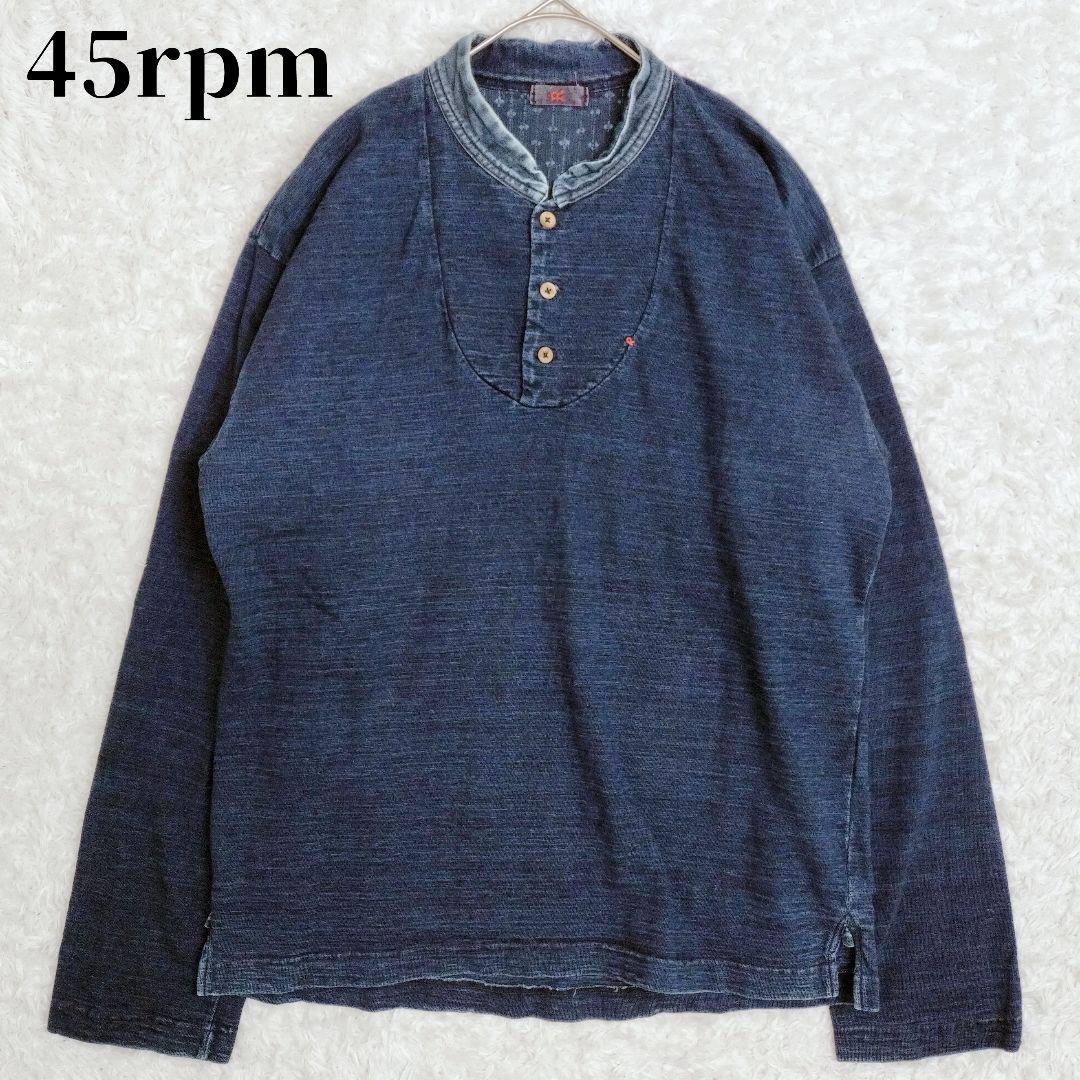 45rpm ロゴ刺繍 インディゴ 藍染め トップス　ヘンリーネック 長袖　L 45rpm ロゴ刺繍 インディゴ 藍染め トップス ヘンリーネック 長袖 1