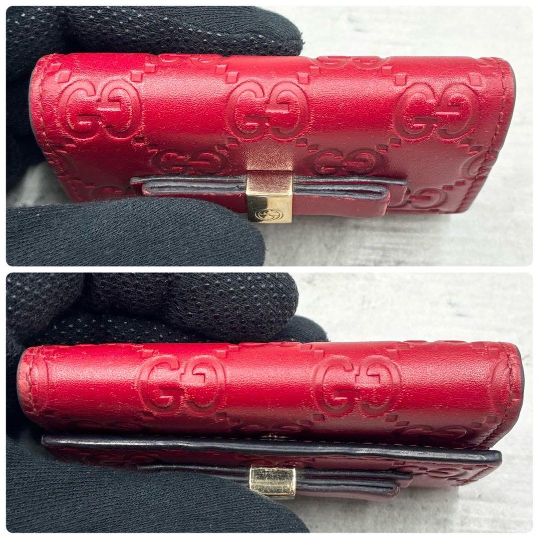 極美品 グッチ GG柄 シマレザー 6連 キーケース キーリング リボン