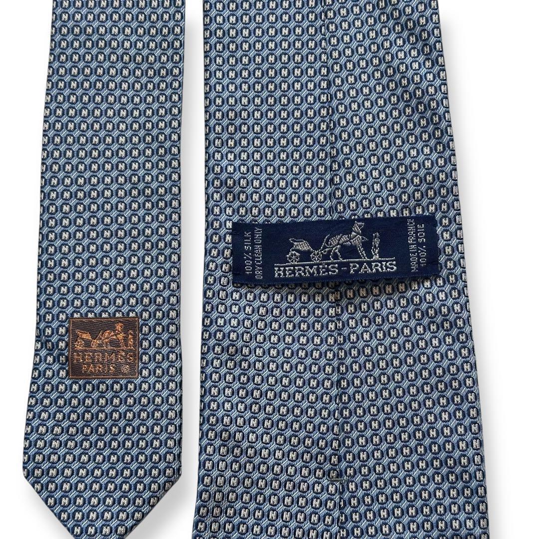 美品✨HERMES ネクタイ エルメス ファソネ H柄 ロゴ ブルー 【D