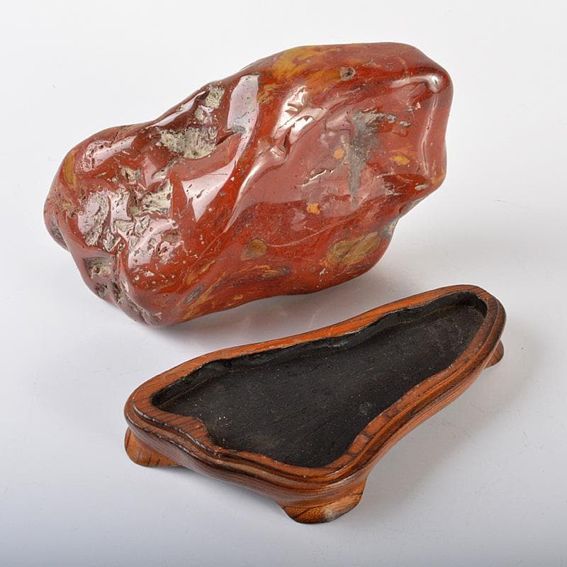 天然石 鑑賞石 佐渡赤玉石 赤石 置物 重さ約2.3㎏ 唐木台付 V R6490