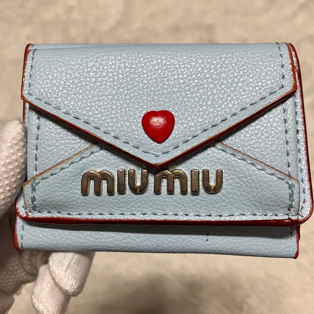 ミュウミュウ❤️ 折り財布 マドラス ラブレター ハート レザー ブルー