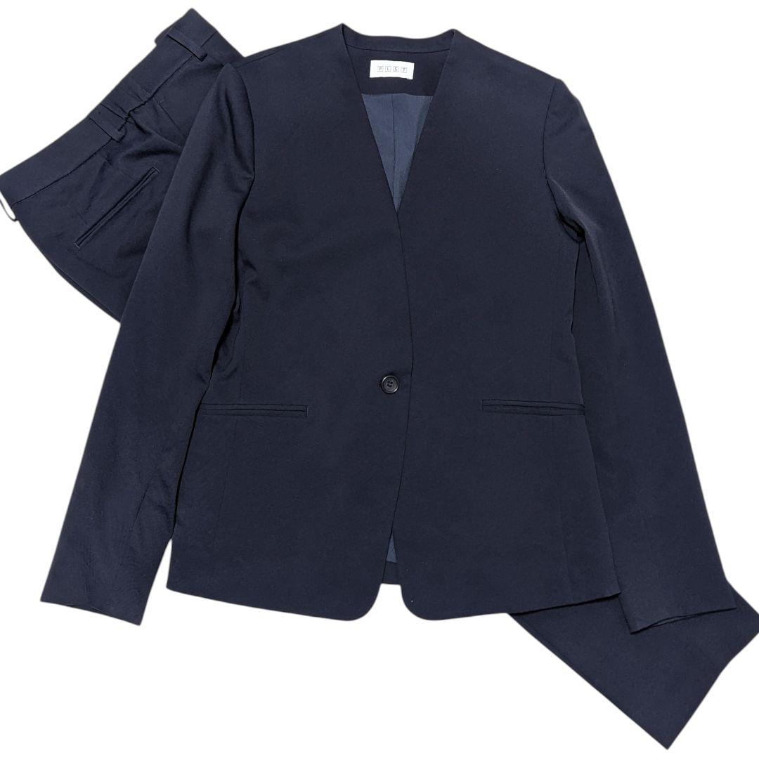 PLST ノーカラー ネイビー パンツスーツ セットアップ M