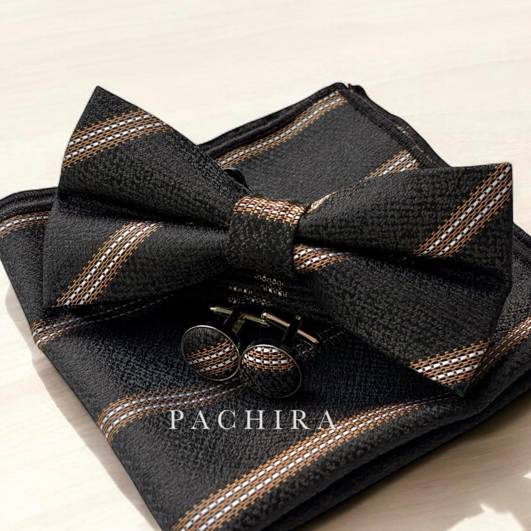 蝶ネクタイ チーフ カフス 3点セット ブラウン 茶色 ストライプ メンズ