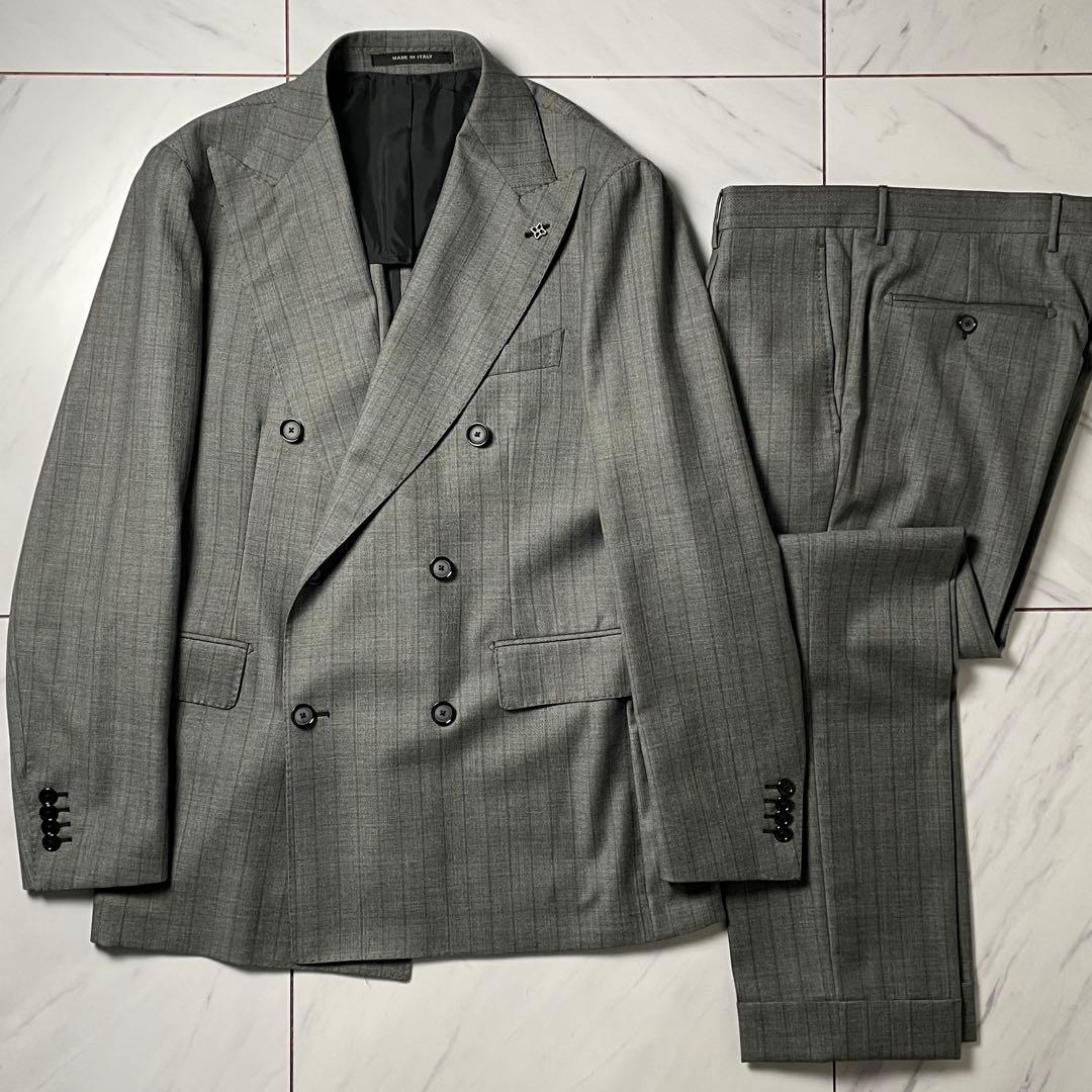 美品 TAGLIATORE 春夏 ダブル セットアップ ストライプ グレー 48