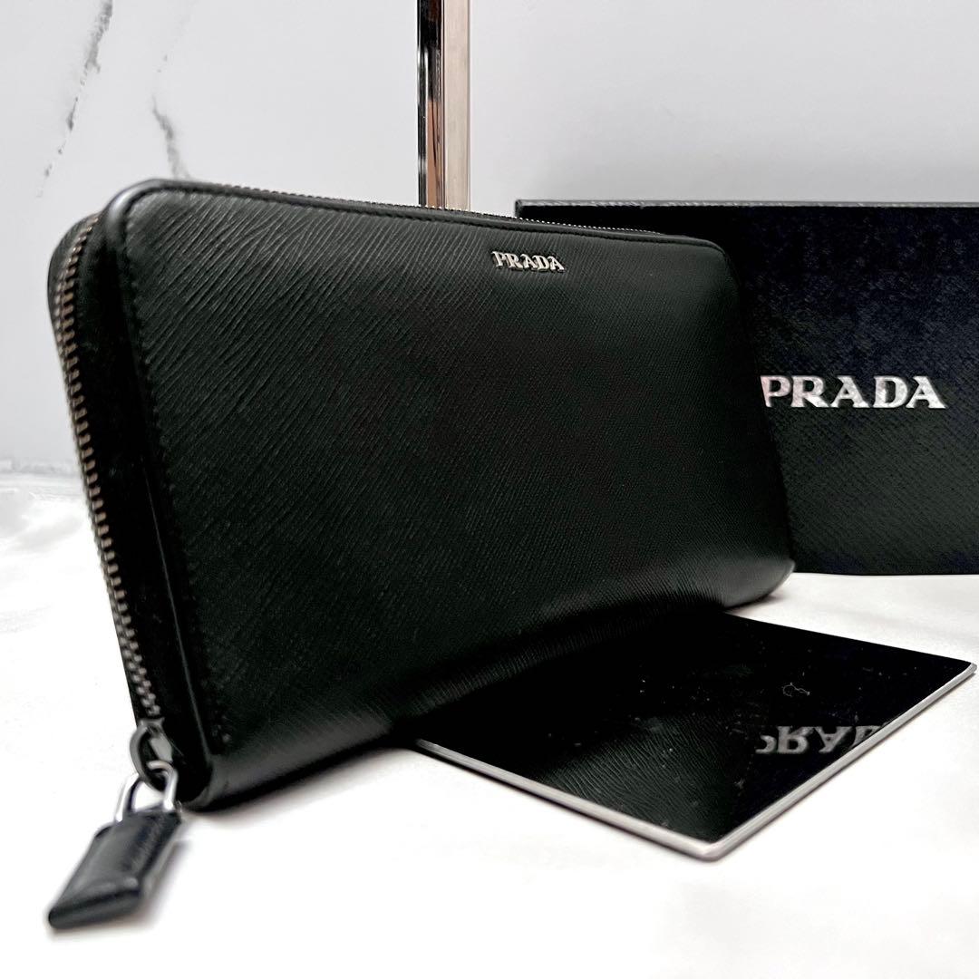 ◇箱付き極美品◇プラダ　サフィアーノレザー長財布　ロゴ金具　ブラック ◇極美品◇プラダ サフィアーノレザー長財布 ロゴ金具 ブラック×ピンク