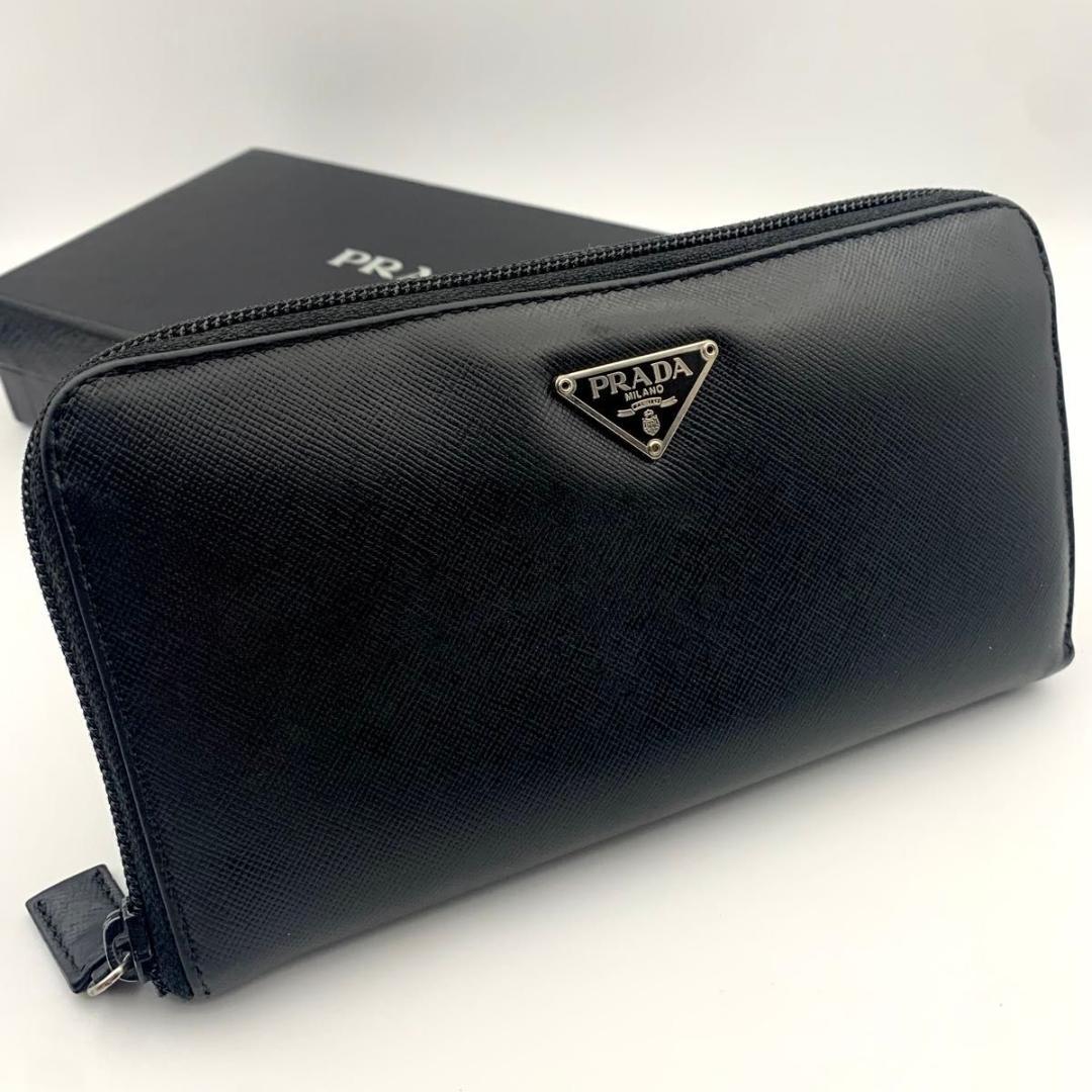 鑑定済み プラダ 長財布 ラウンドファスナー サフィアーノ 三角