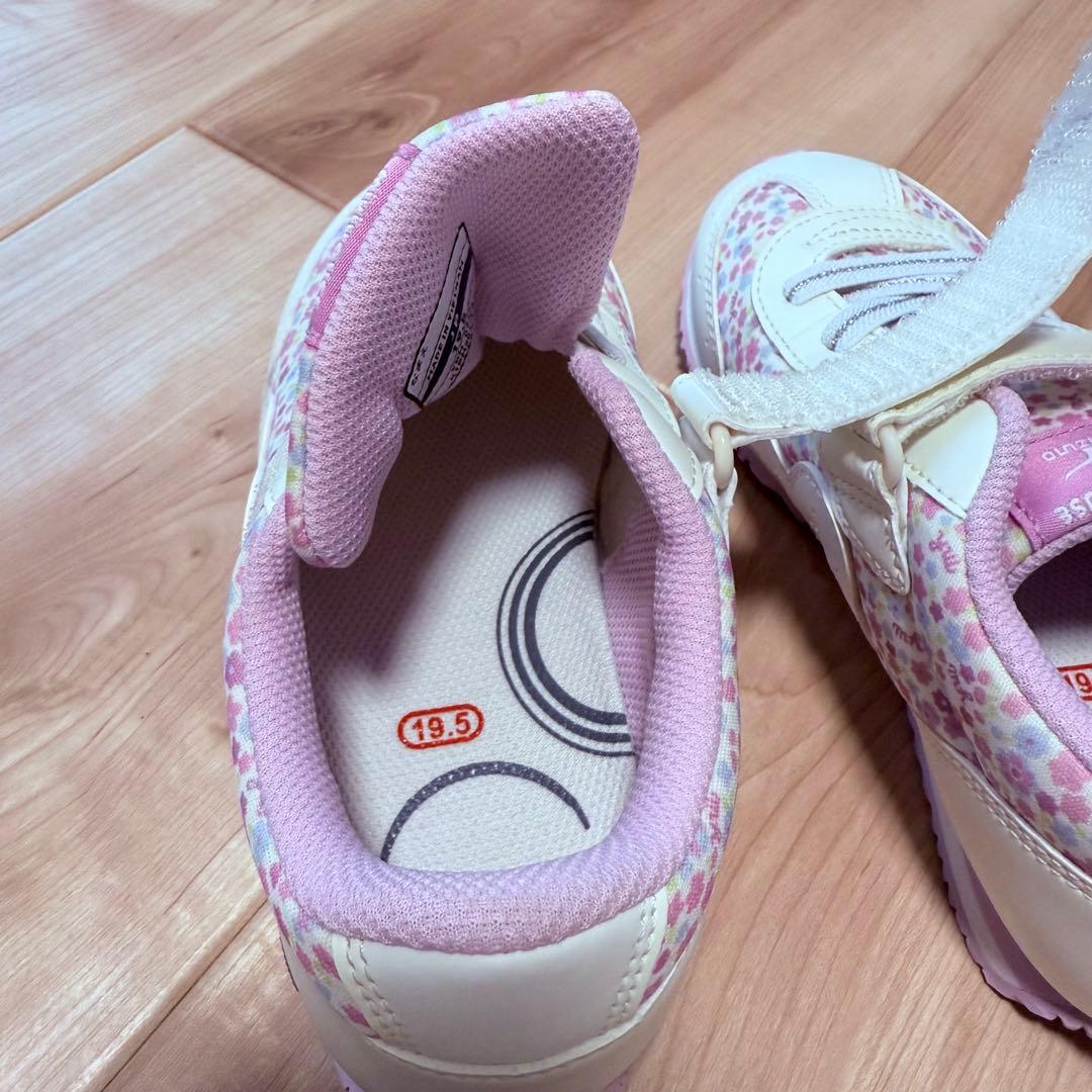 19.5cm Mizuno ミキハウス　コラボ　花柄スニーカー ホワイト/ピンク