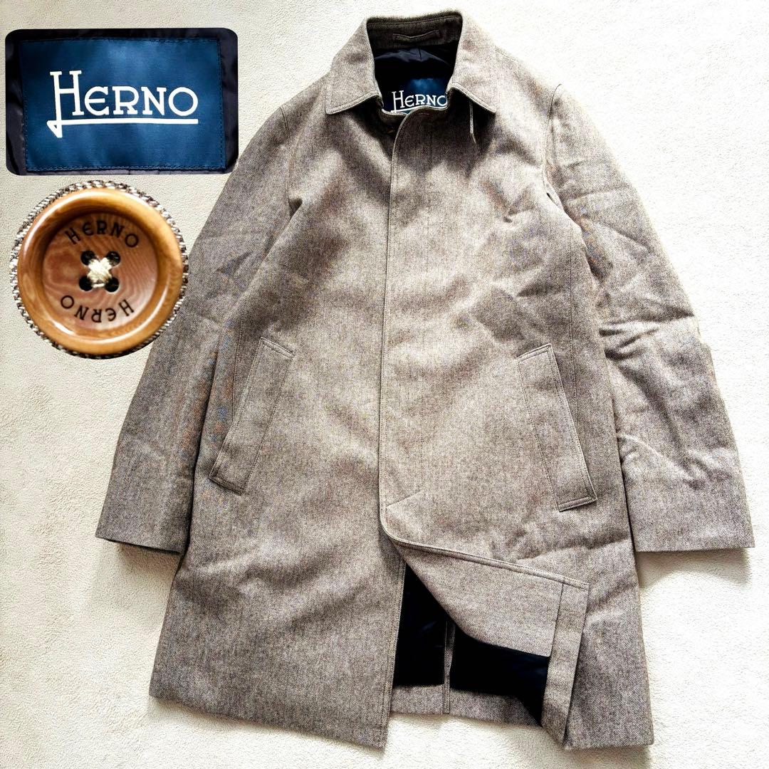 ヘルノ ステンカラーコート アウター ウール混 ヘリンボーン ベーシュ 44 M callautia ヘリンボーンステンカラーロングコート[品番：AMTW0009812