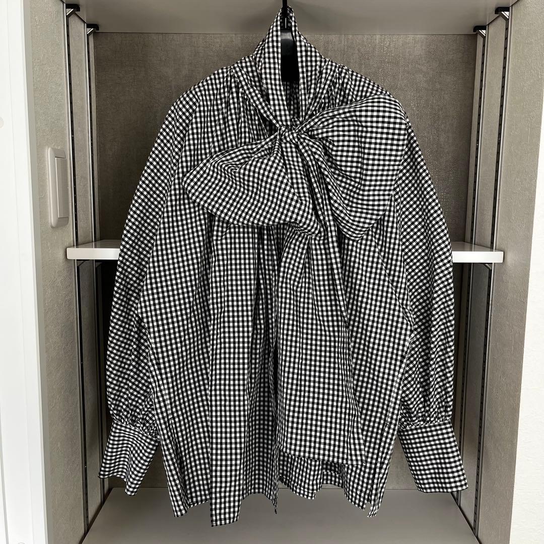 ウィムガゼット ギンガムチェックボウタイブラウス ブラック 長袖