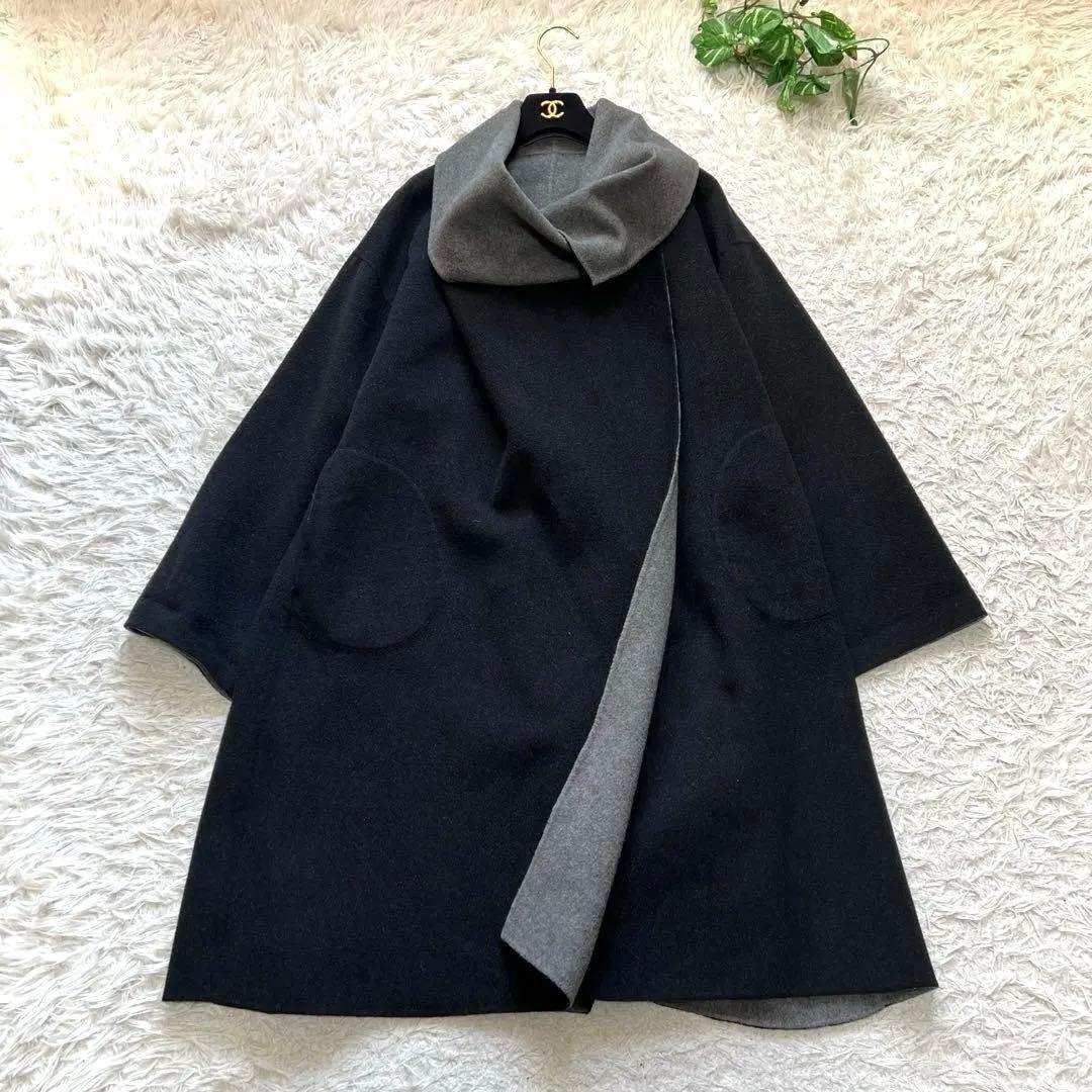 美品 セオリーリュクス カシミヤ混 リバーコート リバーシブル ダブルフェイス セオリーリュクス カシミヤ混 リバーコート ダブルフェイス フード