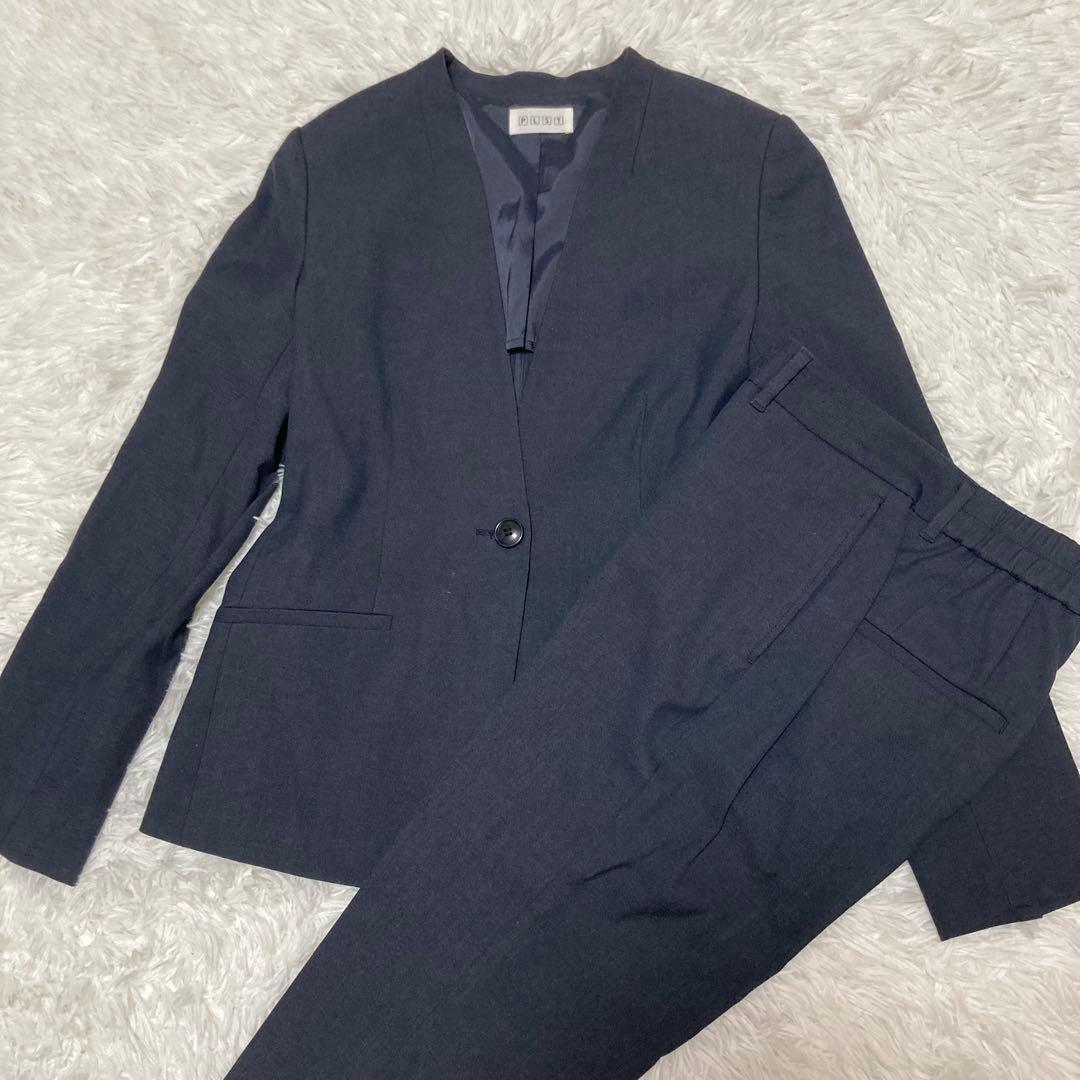 PLST スーツ　セットアップ　ノーカラー　Lサイズ　リネン混　ネイビー riziere（リジェール）の「ノーカラージャケットセットアップ(リネン混