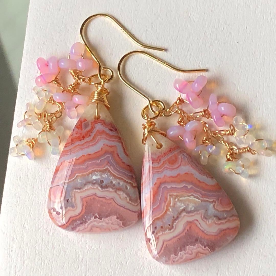 天然石♡レア♡ピンククレイジーレースアゲートのピアス14kgf