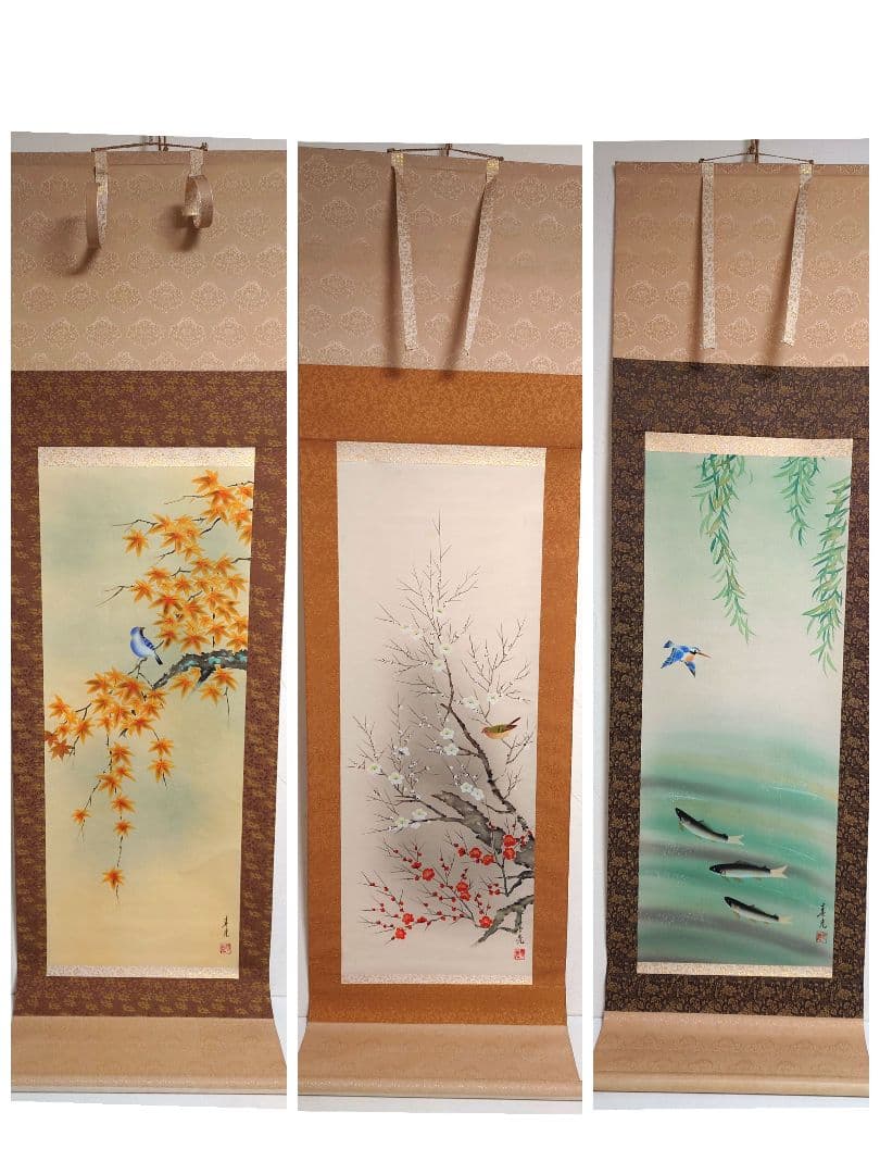 掛け軸 春光作 紅葉 紅白梅 柳に鮎 和室 茶室 仏間 昭和レトロ 掛け軸 春光作 紅葉 紅白梅 柳に鮎 和室 茶室 仏間 昭和レトロ 掛け軸 春光