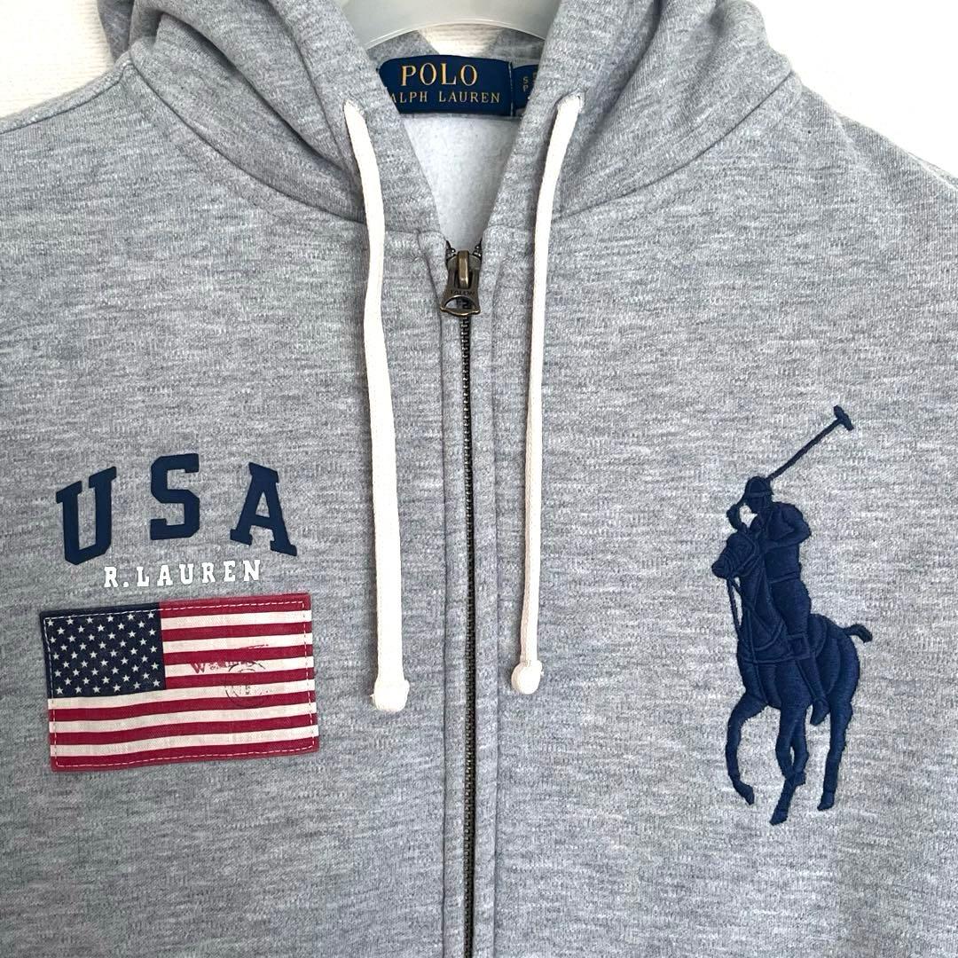ラルフローレン ビッグポニーフルジップパーカー グレー S 星条旗 裏