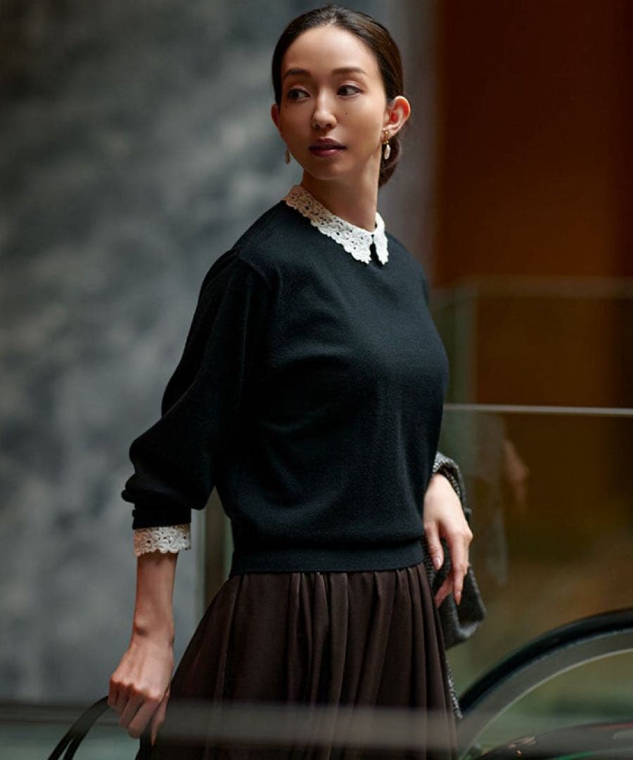 エンブロイダリー フラワーレースコンビ ニット セール】【洗える】エンブロイダリー フラワーレースコンビ ニット