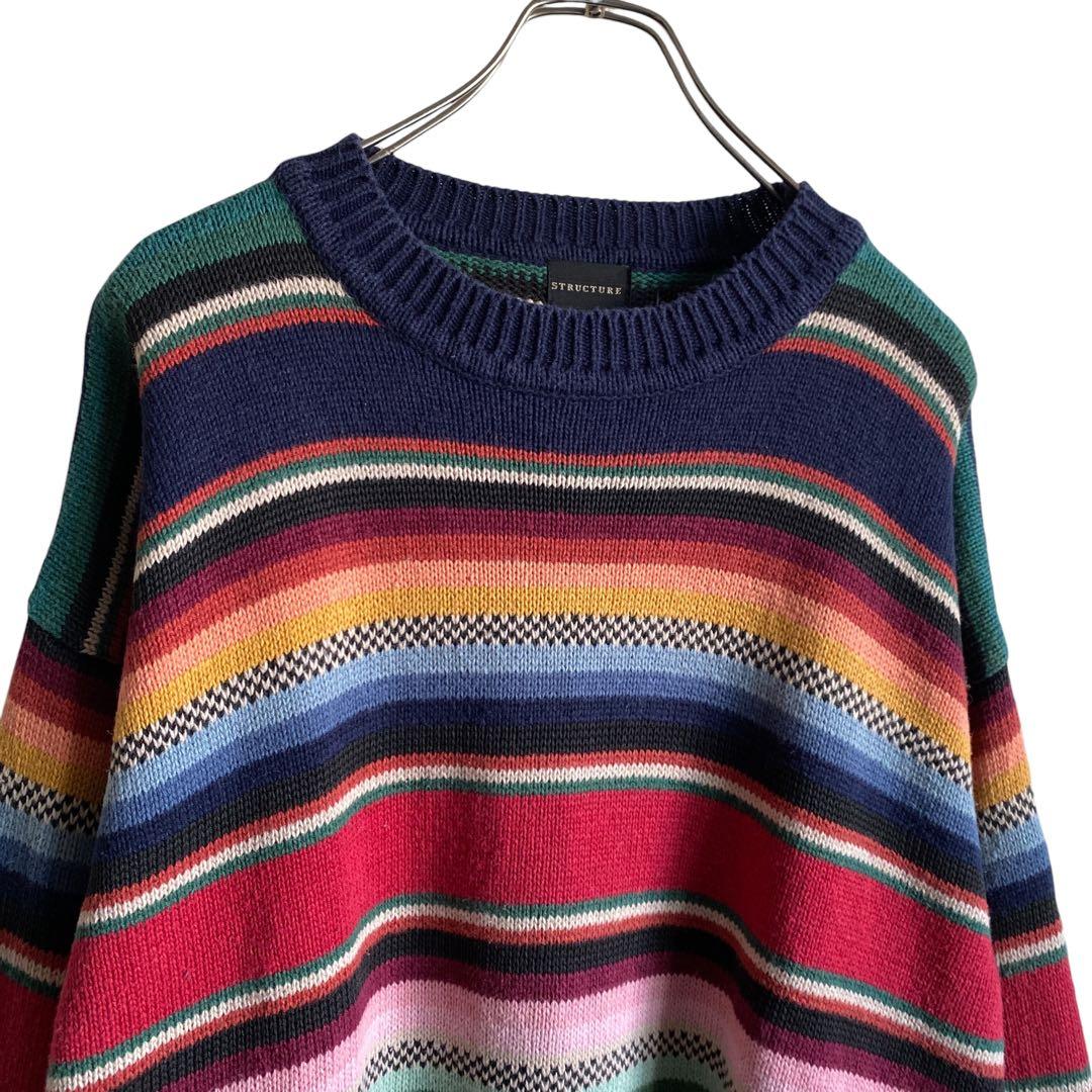 90s structure マルチボーダー ラミーコットンニットセーター 好配色