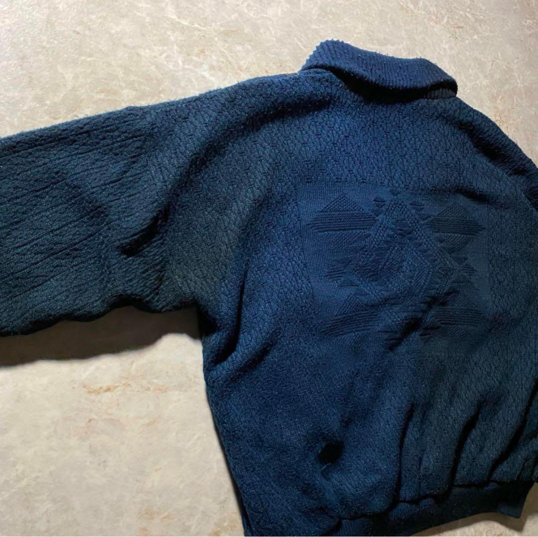 ショールカラーカーディガンL古着フェードネイビー古着レザーユーロ