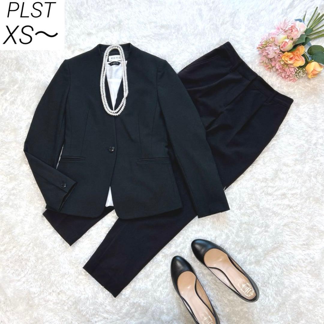 【美品】　PLST　パンツスーツ　オフィスカジュアル　ノーカラー　スラックス　黒 美品 PLST スーツ パンツスーツ ノーカラー ブラック M セットアップ