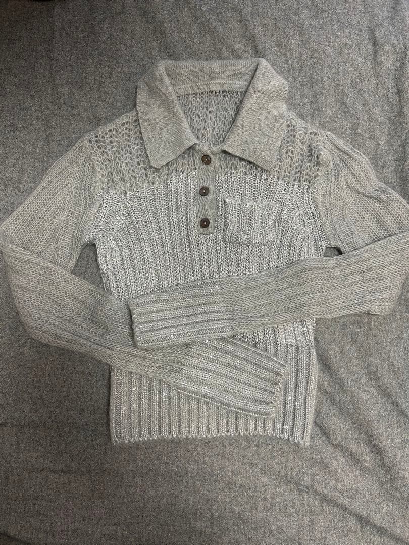 L'AUBE BLANC Sequin Sheer Polo Knit グレー - トップス最 安値 で