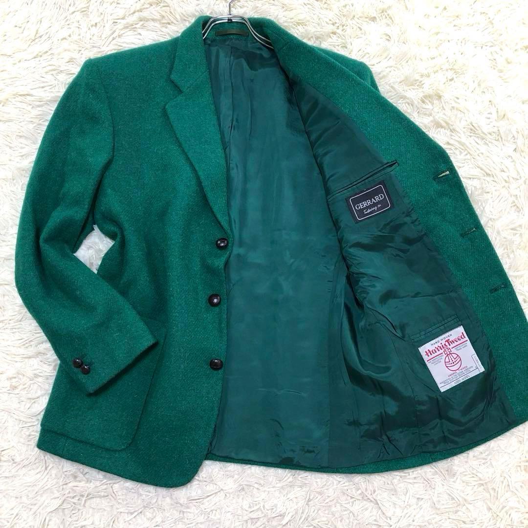 希少カラー L】ハリスツイード テーラードジャケット 緑 毛 くるみ