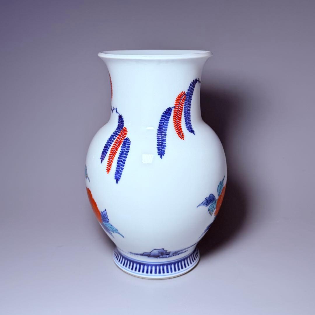 人間国宝 今泉今右衛門 錦岩牡丹絵花瓶 在銘 共箱 櫛文高台 有田焼