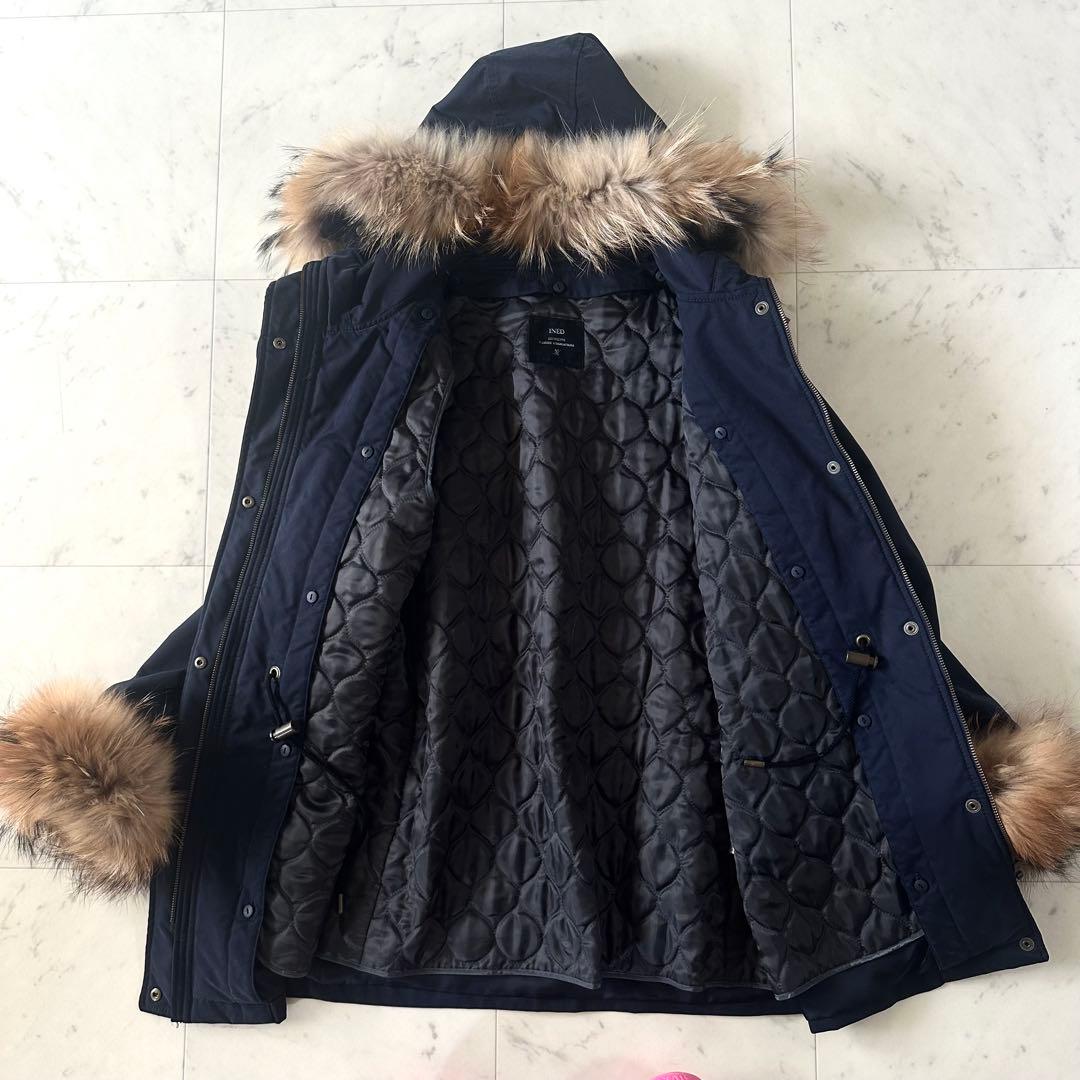 美品♪イネド 中綿ライナー付きモッズコート ファーフード ネイビー