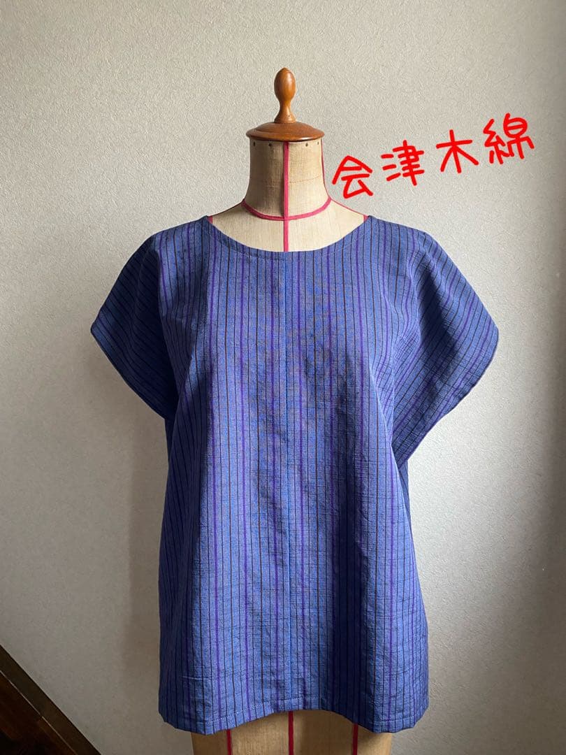 会津木綿　みかんさん専用　ブラウス　ハンドメイドNo.149 YAMMA ヤンマ 会津木綿スタンドカラーシャツ 半袖 縞 ASC-SH-SD 9