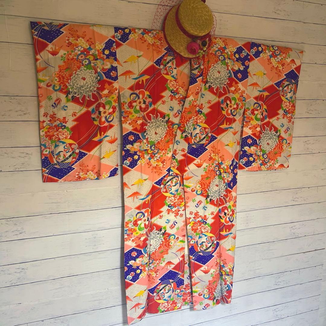 5945◇アンティーク長襦袢毱薬玉折鶴花尽くしレトロ可愛いチャーミング