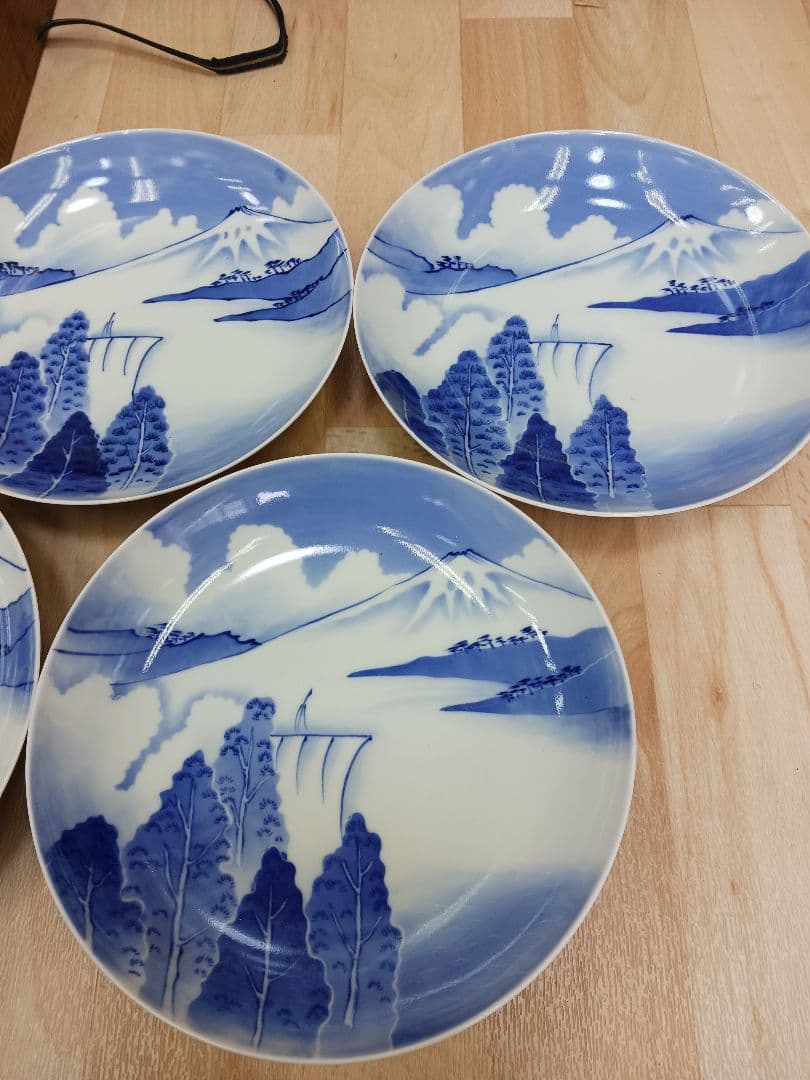 鍋島 鍋島焼 藍鍋島 染付 三保松原模様 富士図 櫛高台 7寸皿 5客 共箱