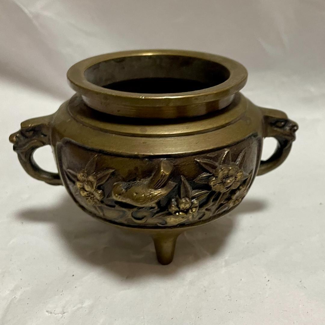 香炉 銅製 三足 鳥花鳥文 仏具 茶道具 置物 アンティーク 獅子蓋 骨董