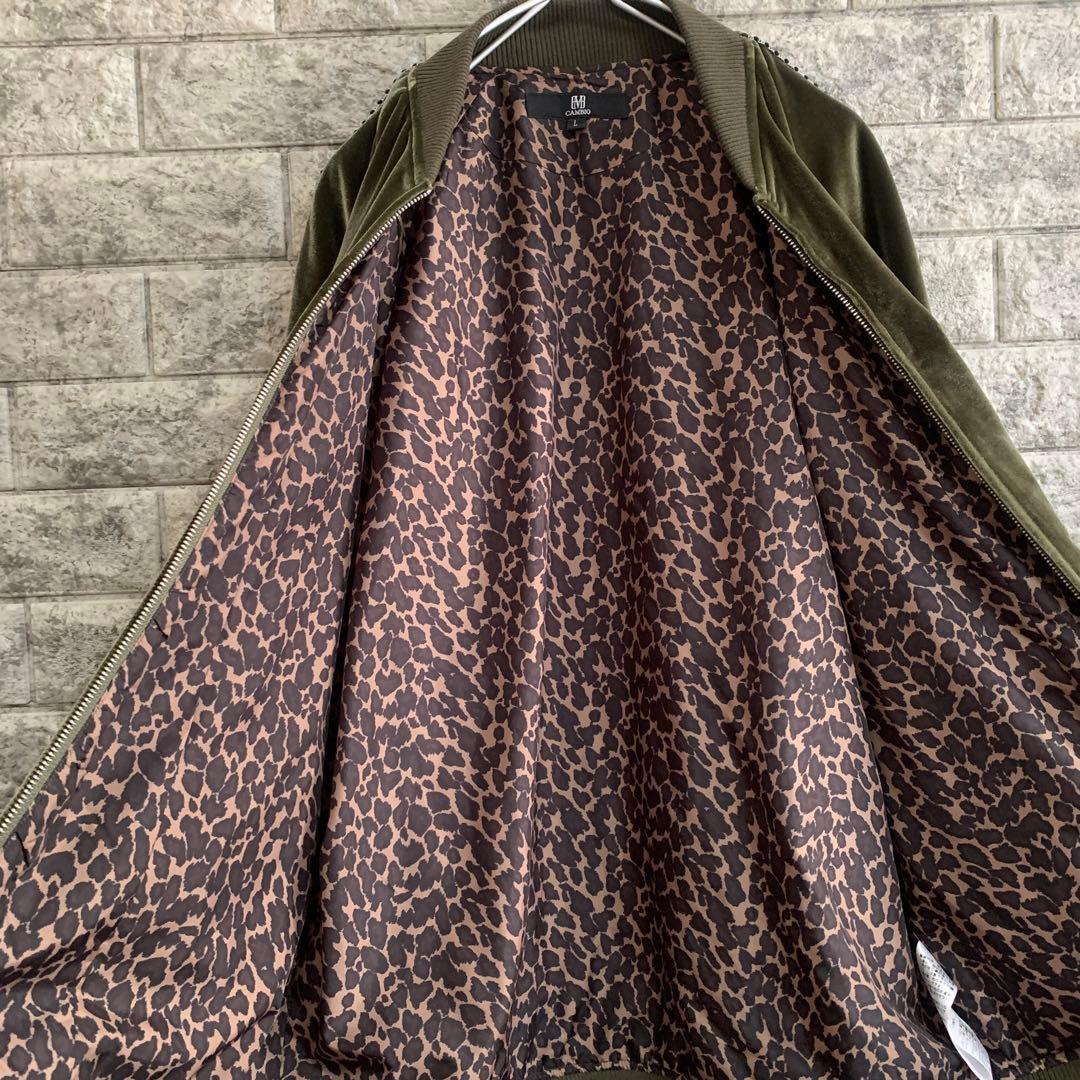 ベロアスカジャン グリーン スカル 薔薇 豹柄裏地 パイピング Cambio