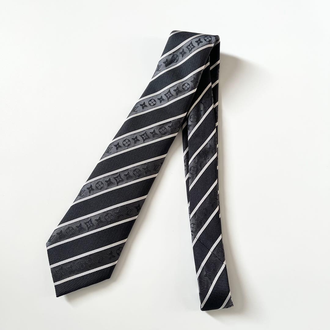 ルイヴィトン ネクタイ モノグラム ストライプ シルク100% ブラック