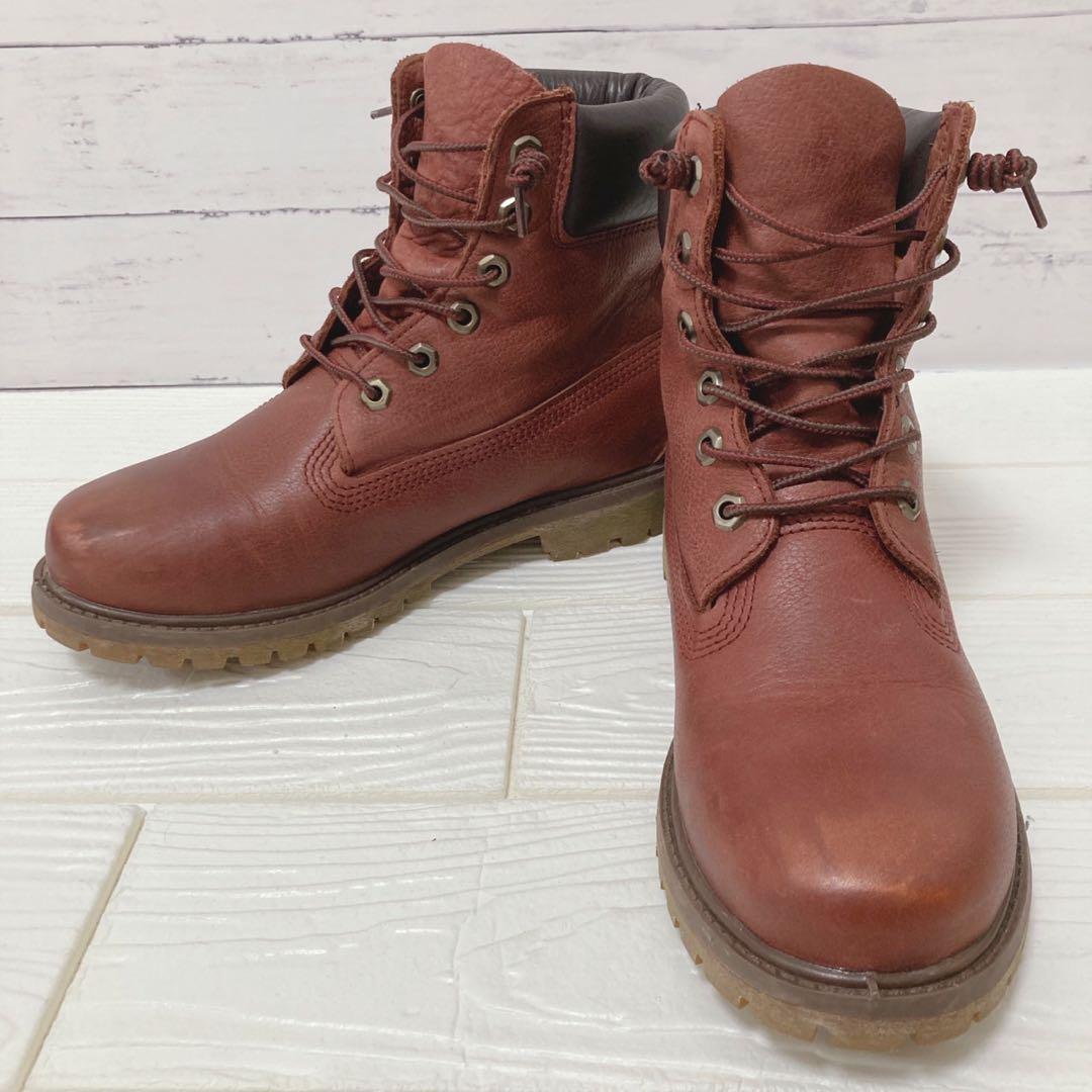 美品ティンバーランド 赤茶レザーブーツ レディースA12MF 24.5センチ