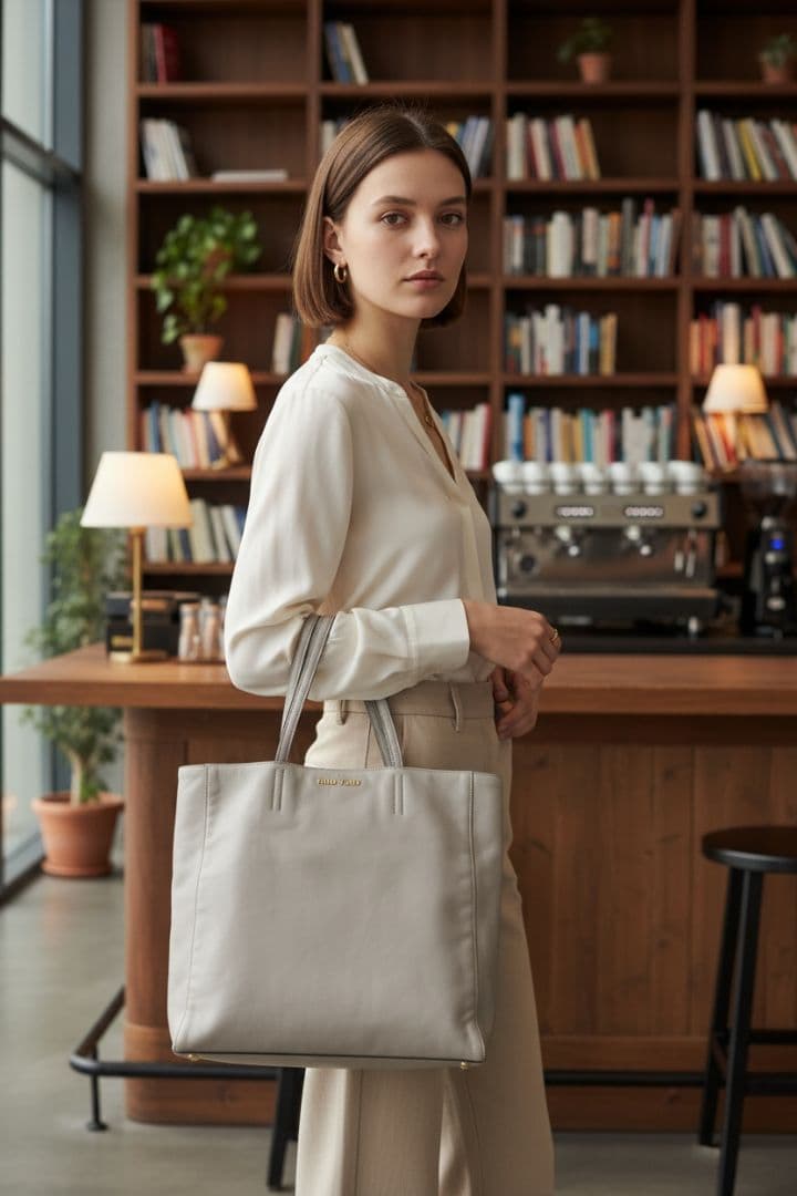 【美品】MIU MIU ミュウミュウ レザートートバッグアイボリー miu miu（ミュウミュウ） MIU MIU IVY キャンバスxレザー バッグ