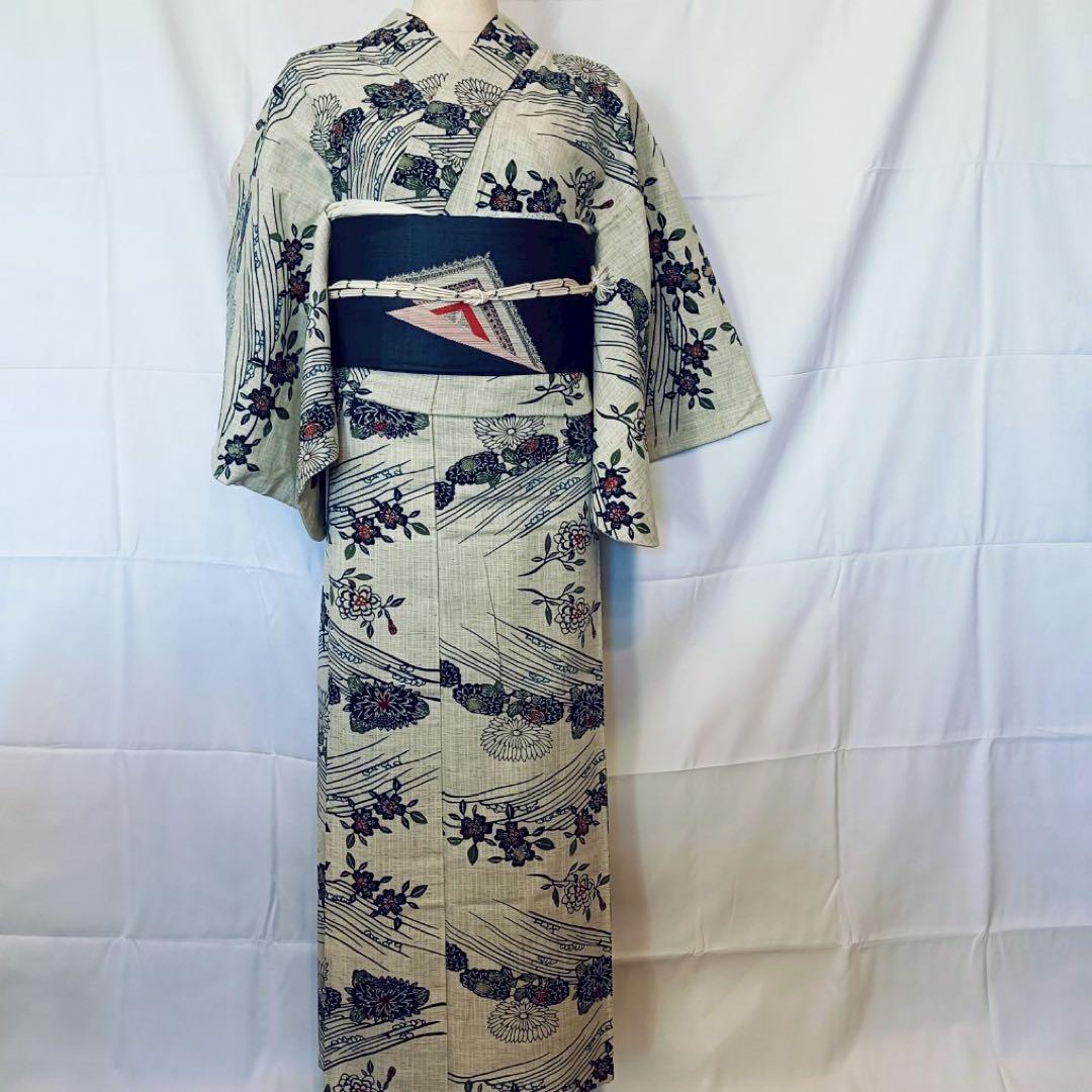 竺仙 奥州小紋のような高級浴衣 型染め 桜 菊 流水